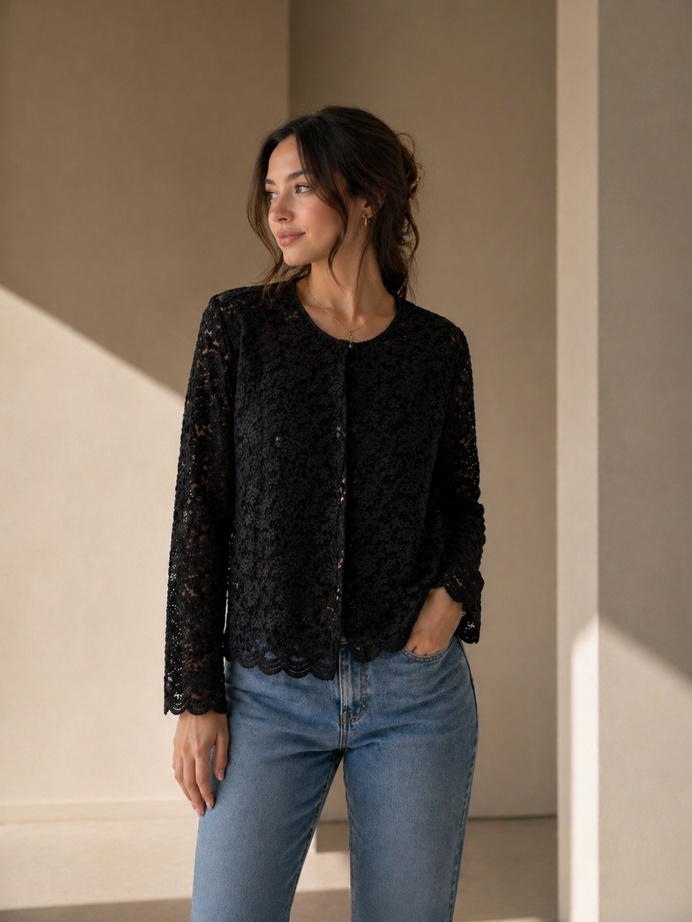 Women's Black Lace Button-Front Top L